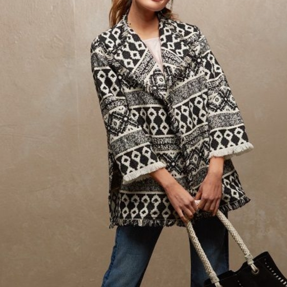 Boho Geometric Tapestry Jacquard Open Front Coat